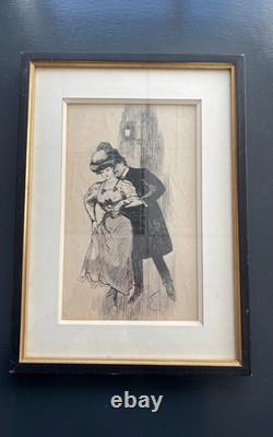 Grand dessin signé curiosa Belle Epoque coupe élegant grand boulevard Paris