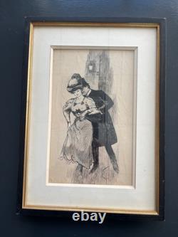 Grand dessin signé curiosa Belle Epoque coupe élegant grand boulevard Paris