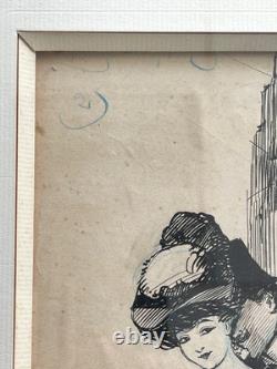 Grand dessin signé curiosa Belle Epoque coupe élegant grand boulevard Paris