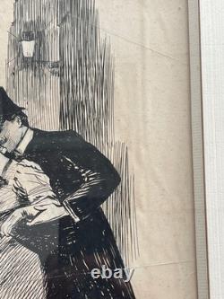 Grand dessin signé curiosa Belle Epoque coupe élegant grand boulevard Paris