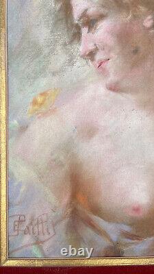 Grand pastel curiosa jeune femme nue au papillon signé fin XIXème Belle époque