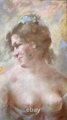 Grand pastel curiosa jeune femme nue au papillon signé fin XIXème Belle époque