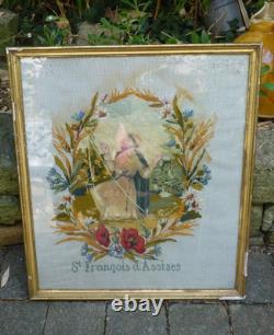 Grande Broderie XIX éme Saint Francois d'assise en feutre cadre d'époque 55X64,5