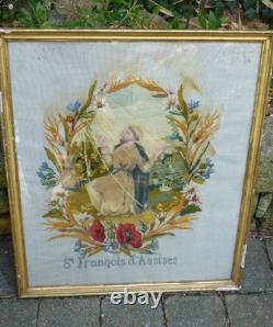 Grande Broderie XIX éme Saint Francois d'assise en feutre cadre d'époque 55X64,5