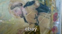 Grande Broderie XIX éme Saint Francois d'assise en feutre cadre d'époque 55X64,5