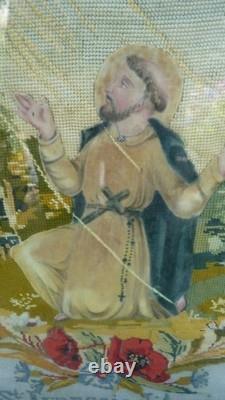 Grande Broderie XIX éme Saint Francois d'assise en feutre cadre d'époque 55X64,5