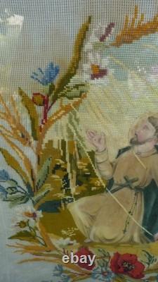 Grande Broderie XIX éme Saint Francois d'assise en feutre cadre d'époque 55X64,5