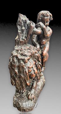 Groupe Statue Lion Bois Sculpté Haute Époque Renaissance Xvieme Flandres Ou Nord