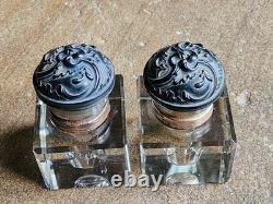 Gutta Percha Double Encrier d'époque fin XIXème Art Nouveau 1900 Et cristal Tbe