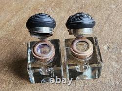 Gutta Percha Double Encrier d'époque fin XIXème Art Nouveau 1900 Et cristal Tbe