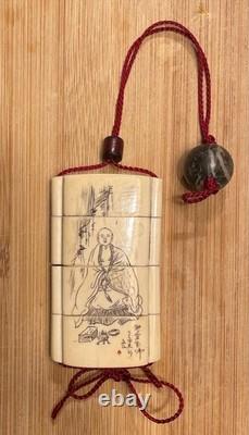 Inro en corne sculptée et signé, époque Meiji