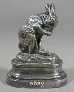 Isodore Bonheur, Lapin à La Toilette Bronze Argenté, époque XIX ème Siècle