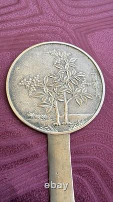 Kagami Ancien Miroir à main Japonais Japon XIXème Bronze argenté Epoque Edo
