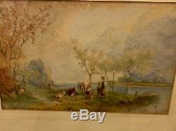 Karl Girardet Ancienne aquarelle paysage animé époque XIXème
