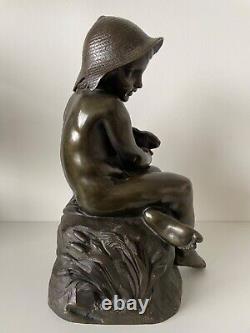 L Enfant Et Le Lapin, Sculpture En Bronze d époque de la fin du XIX ème siècle