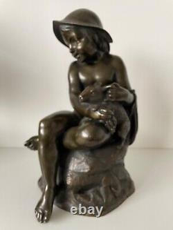 L Enfant Et Le Lapin, Sculpture En Bronze d époque de la fin du XIX ème siècle