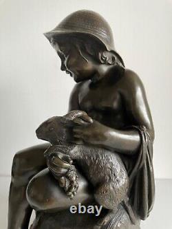 L Enfant Et Le Lapin, Sculpture En Bronze d époque de la fin du XIX ème siècle