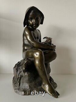 L Enfant Et Le Lapin, Sculpture En Bronze d époque de la fin du XIX ème siècle