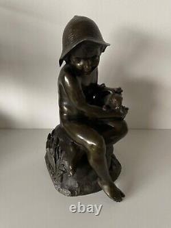 L Enfant Et Le Lapin, Sculpture En Bronze d époque de la fin du XIX ème siècle