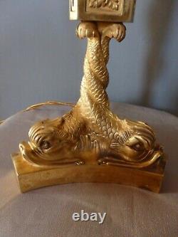 LAMPE ANCIENNE XIXe BRONZE SIGNEE CH. BLANC PARIS TRIPODE DAUPHINS DORURE EPOQUE