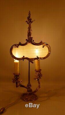Lampe Chandelier à écran Style Louis XV Rocaille, Bronze Doré, époque XIX èm