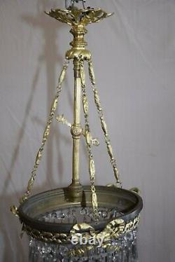 Lustre-suspension, bronze et pampilles, ancien bec à gaz époque fin XIXème