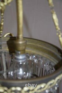 Lustre-suspension, bronze et pampilles, ancien bec à gaz époque fin XIXème