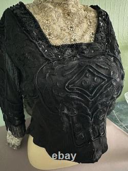 Magnifique corsage Belle Époque jais pailleté dentelle brodée fleurs soie 1910