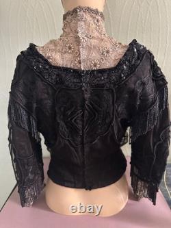 Magnifique corsage Belle Époque jais pailleté dentelle brodée fleurs soie 1910