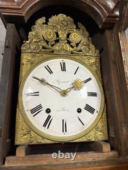 Magnifique horloge de parquet époque XIXeme en noyer, loupe et marqueterie