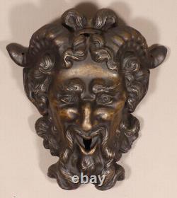 Mascaron De Fontaine Faune Ou Satyre En Métal Patiné Bronze, époque XIX ème