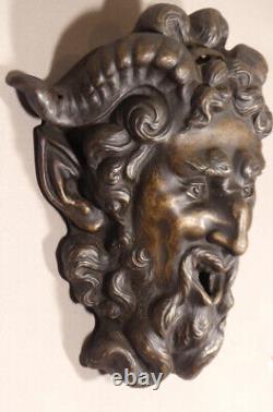 Mascaron De Fontaine Faune Ou Satyre En Métal Patiné Bronze, époque XIX ème