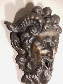 Mascaron De Fontaine Faune Ou Satyre En Métal Patiné Bronze, époque XIX ème