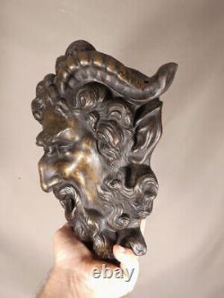 Mascaron De Fontaine Faune Ou Satyre En Métal Patiné Bronze, époque XIX ème