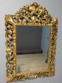 Miroir En Bois Sculpté Ajouré Doré à La Feuille, Italie époque XIX ème, Tain Mer