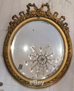 Miroir Louis XVI Ovale Au Noeud En Bois Et Stuc Doré, époque Fin XIX ème