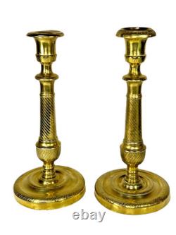 PAIRE DE BOUGEOIRS ANCIENS D'ÉPOQUE EMPIRE EN BRONZE XIXéme H27cm