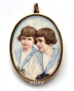 PEINTURE MINIATURE PORTRAIT DE JUMEAUX ÉPOQUE FIN XIXème SIGNÉ BOCQUENET