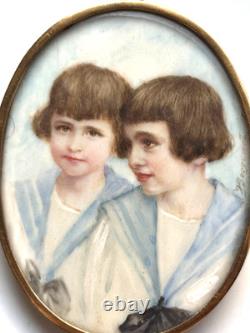 PEINTURE MINIATURE PORTRAIT DE JUMEAUX ÉPOQUE FIN XIXème SIGNÉ BOCQUENET