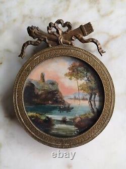 PEINTURES PAYSAGES MINIATURES DANS CADRE EN LAITON ÉPOQUE XIXème SIGNÉES VIRION