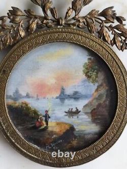 PEINTURES PAYSAGES MINIATURES DANS CADRE EN LAITON ÉPOQUE XIXème SIGNÉES VIRION