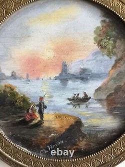 PEINTURES PAYSAGES MINIATURES DANS CADRE EN LAITON ÉPOQUE XIXème SIGNÉES VIRION