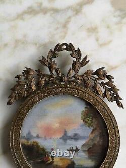 PEINTURES PAYSAGES MINIATURES DANS CADRE EN LAITON ÉPOQUE XIXème SIGNÉES VIRION