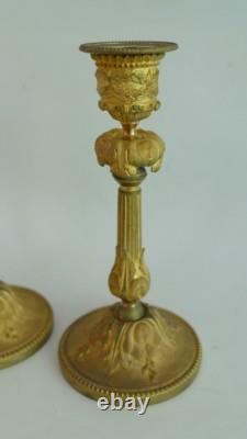 Paire De Bougeoirs Louis XVI En Bronze Doré, époque XIX ème
