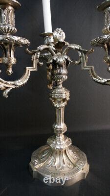 Paire De Chandeliers Louis XVI En Bronze Argenté, époque XIX ème