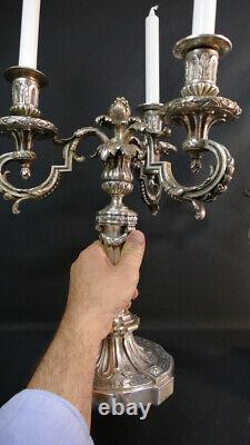 Paire De Chandeliers Louis XVI En Bronze Argenté, époque XIX ème