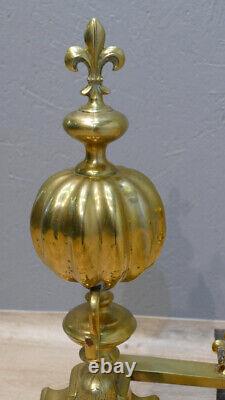 Paire De Chenets Aux Marmousets Et Fleurs De Lys En Bronze Doré, époque XIX ème