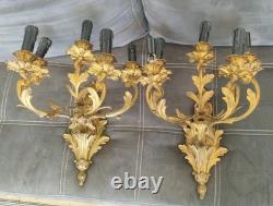 Paire De Grandes Appliques Louis XV À 5 Feux Bronze Doré Époque Napoléon III