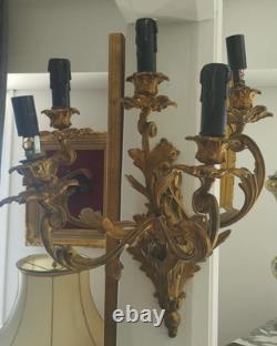 Paire De Grandes Appliques Louis XV À 5 Feux Bronze Doré Époque Napoléon III
