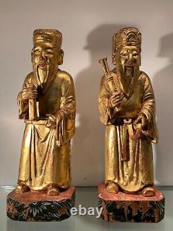 Paire De Statuettes Chinoises En Bois Doré, Epoque Fin XIXème